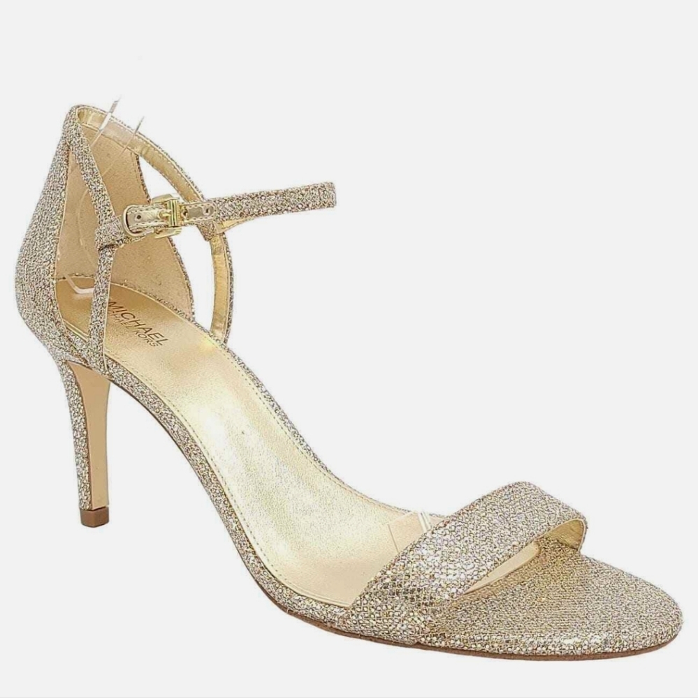 Michael Kors Ava Size Sand Glitter Mid-Heel Sandals Shoes W/Ankle Strap - Picture 2 of 16